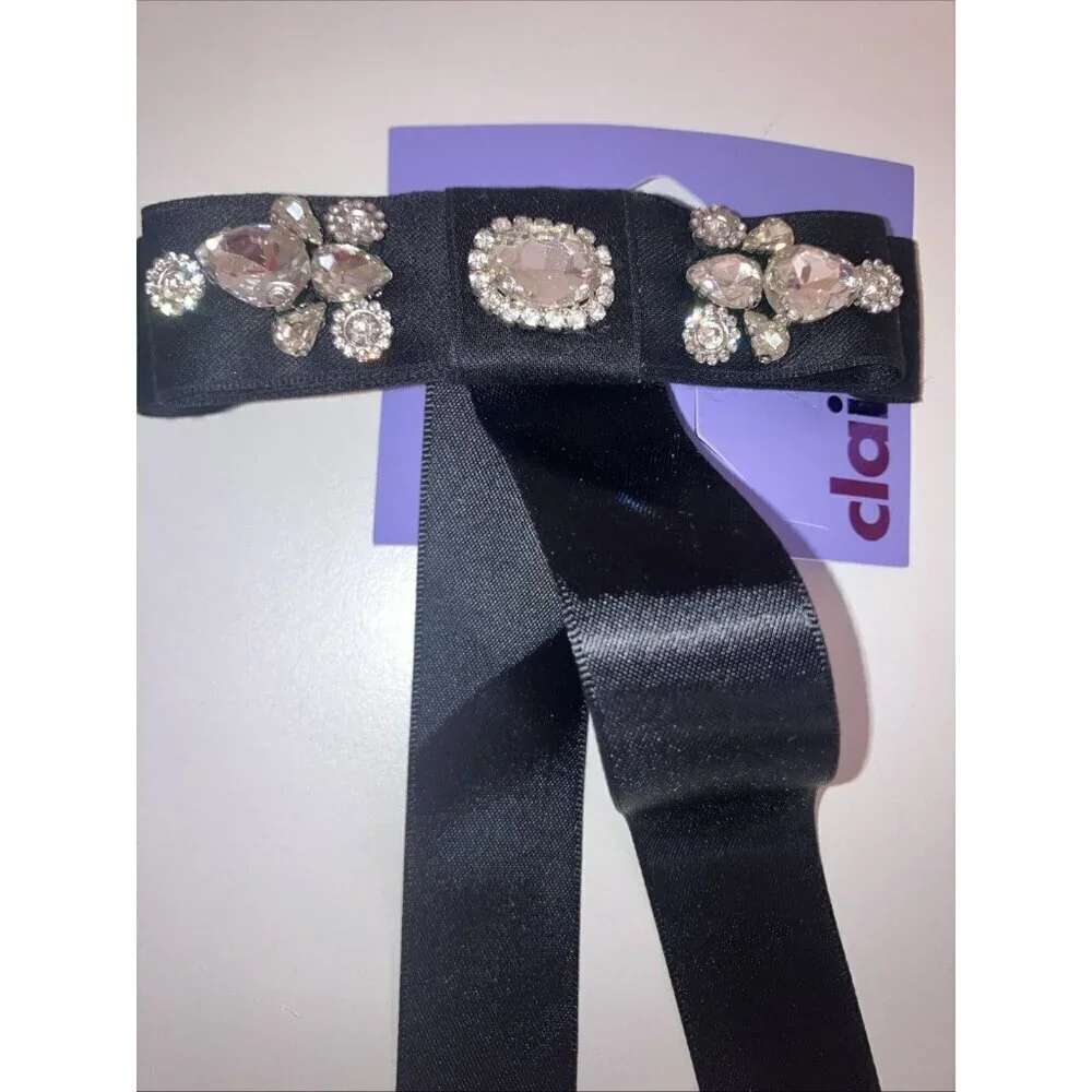 Icing 2 Piece Black Rhinestone Studded Satin Long Tail Hair Bow Clip